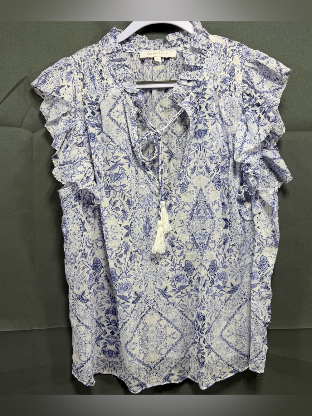 Olivaceous Top S Blue White Ruffle Sleeveless Smocked Shoulder Tassel Tie Neck